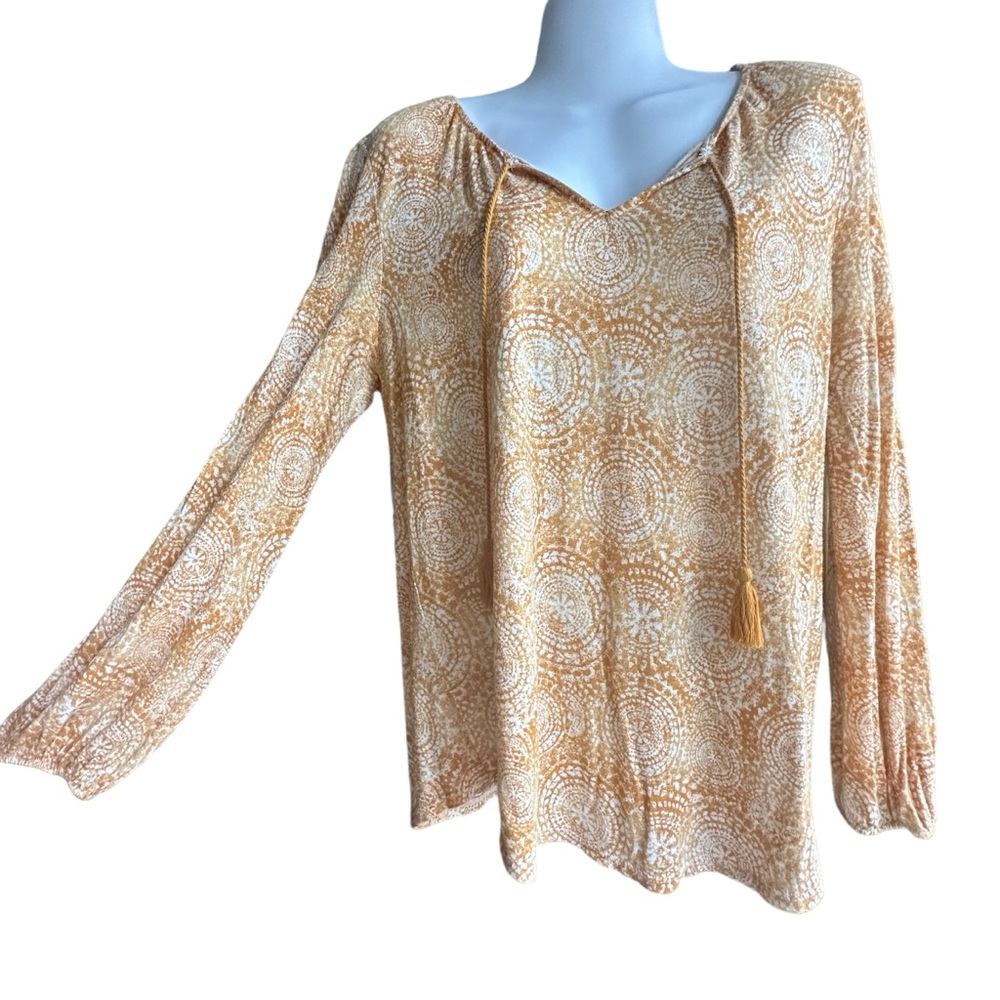 Chico’s Endless Medallions Peasant Top Open Neck w/ Tassels Oversized Small (0)